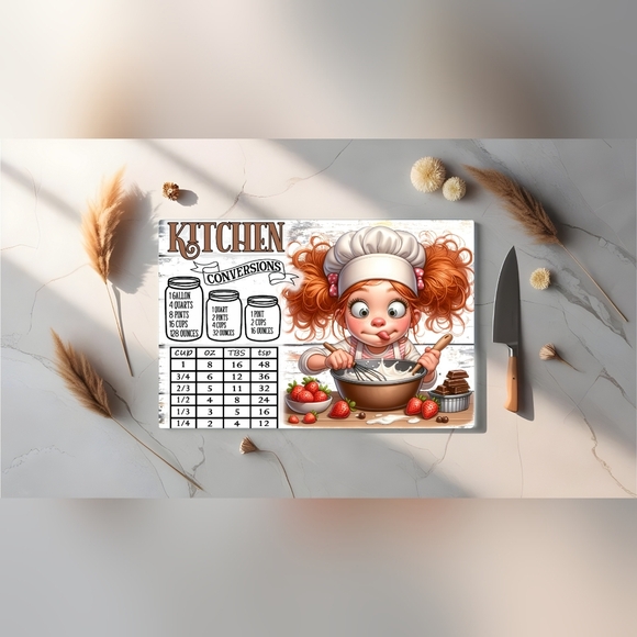 None Other - Glass Cutting Board Charming Kitchen Conversion Chart with Chef Design